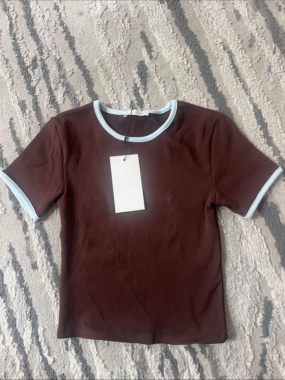 ZARA Brown Short Sleeve Tee with Light Blue Trim
